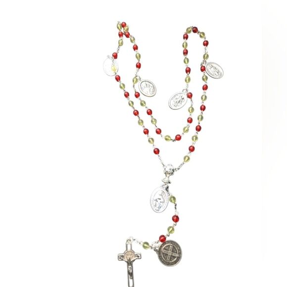 Elegant Silver Tone Red Yellow Beaded Necklace Rosary Jewelry Unisex Man Women - Picture 11 of 15